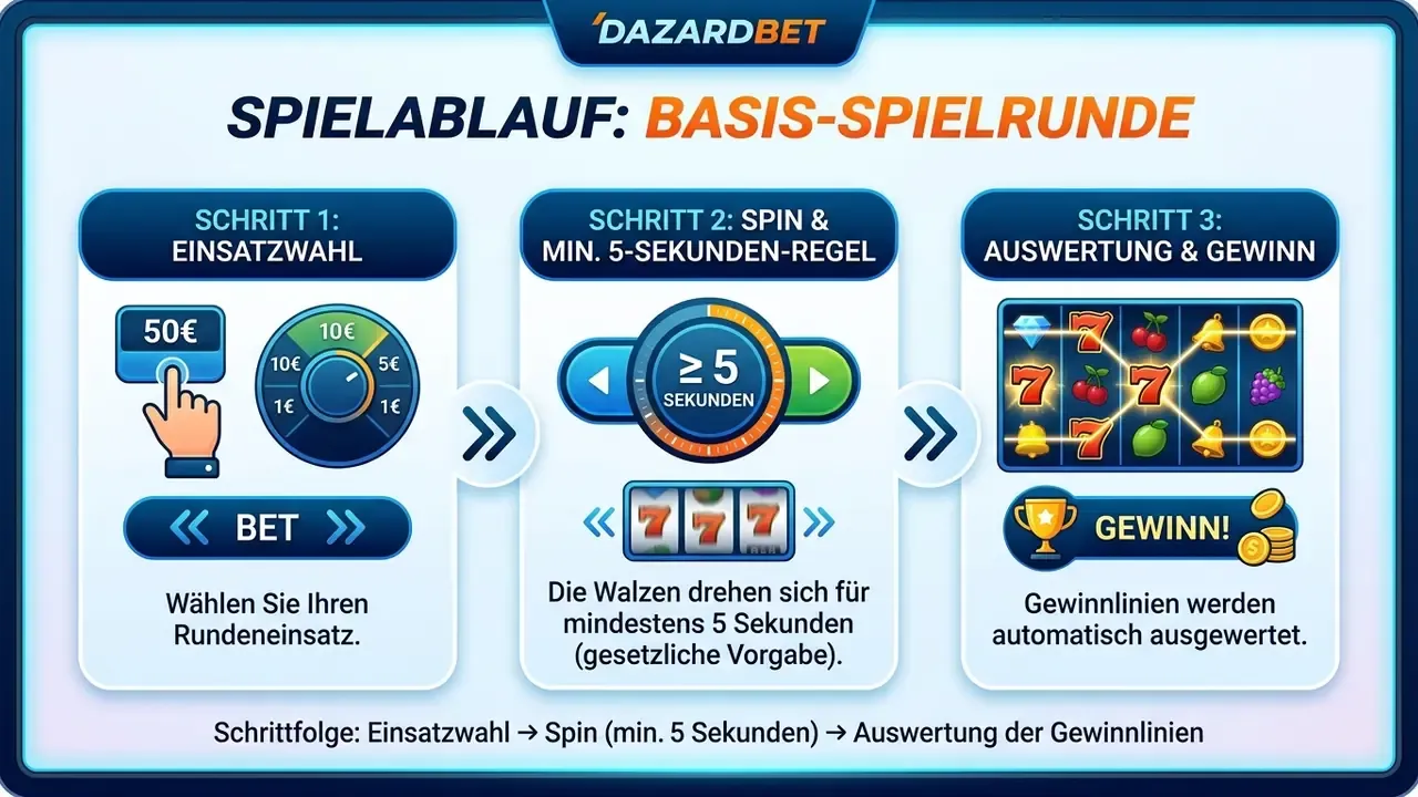 Ablaufplan einer Spielrunde bei Book of Ra mit Einsatzwahl und 5-Sekunden-Regel