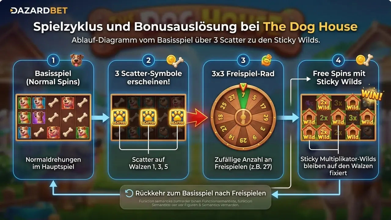 Ablauf der Freispielauslösung beim The Dog House Slot